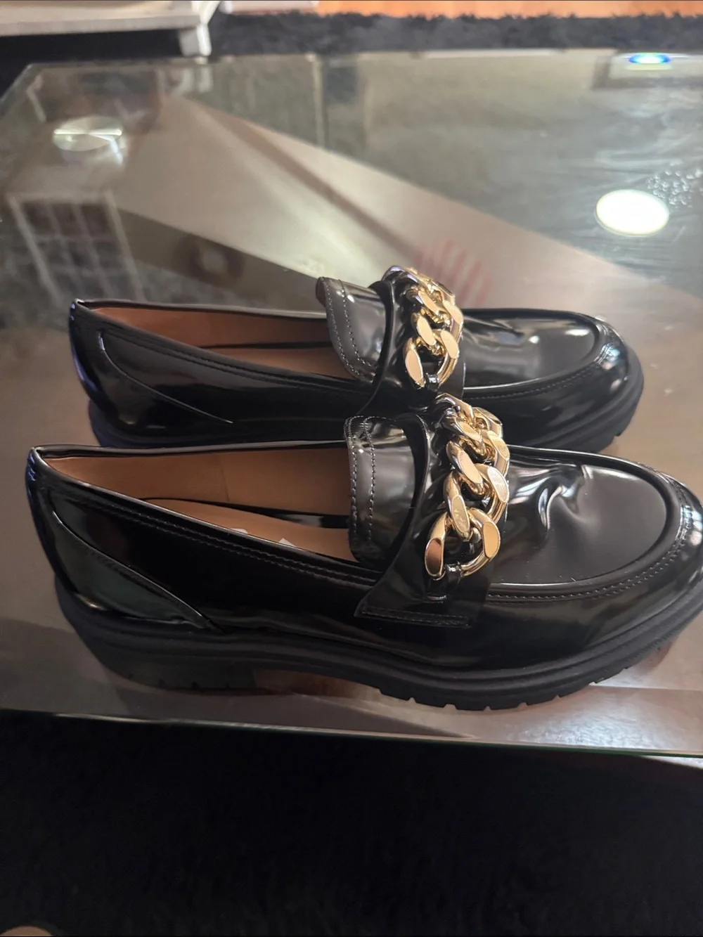 INC International Concepts Black Patent Loafers with Gold Chain